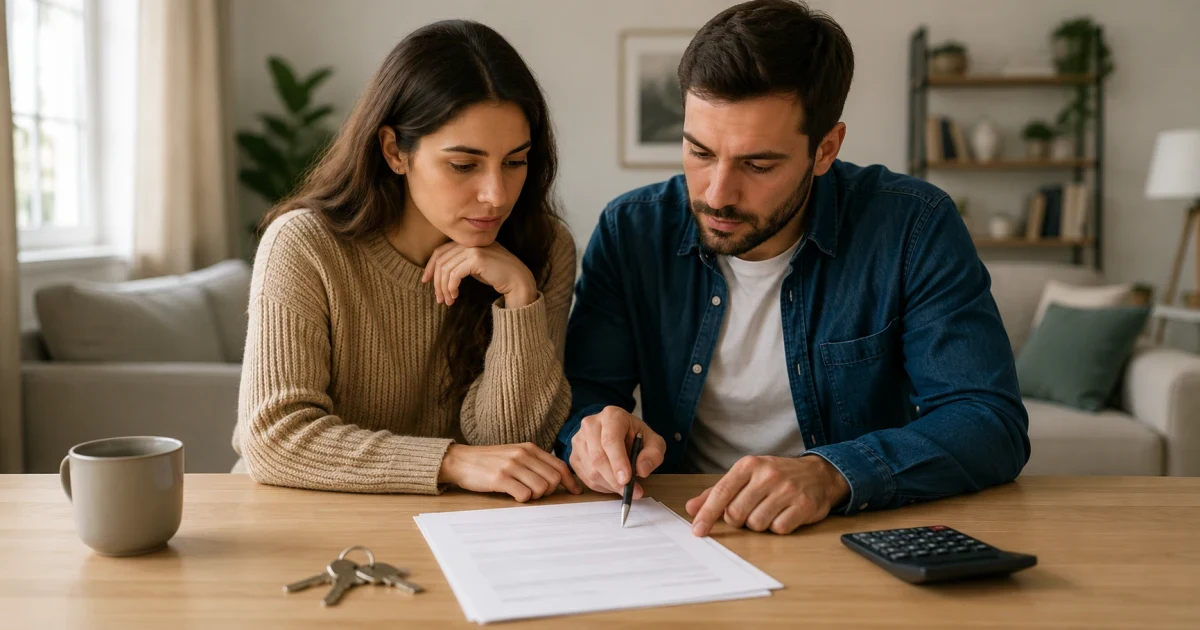Casal relendo o contrato do imóvel na planta com calculadora sobre a mesa