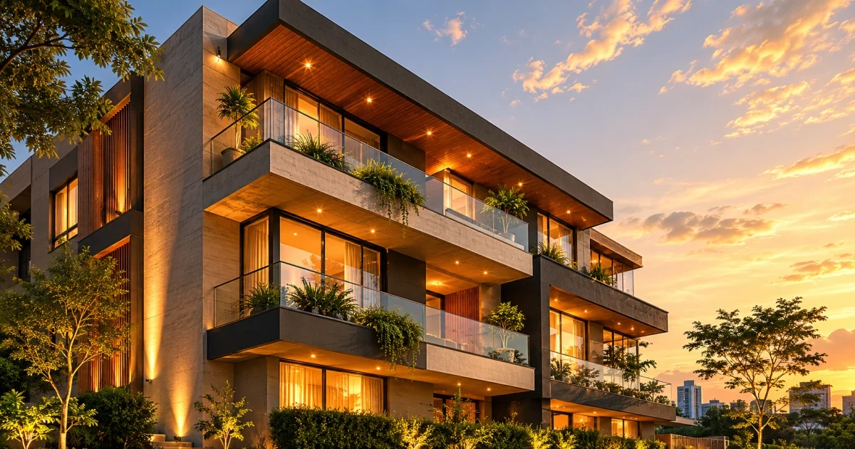 Prédio residencial ao entardecer, do tipo que vai a leilão quando o financiamento deixa de ser pago