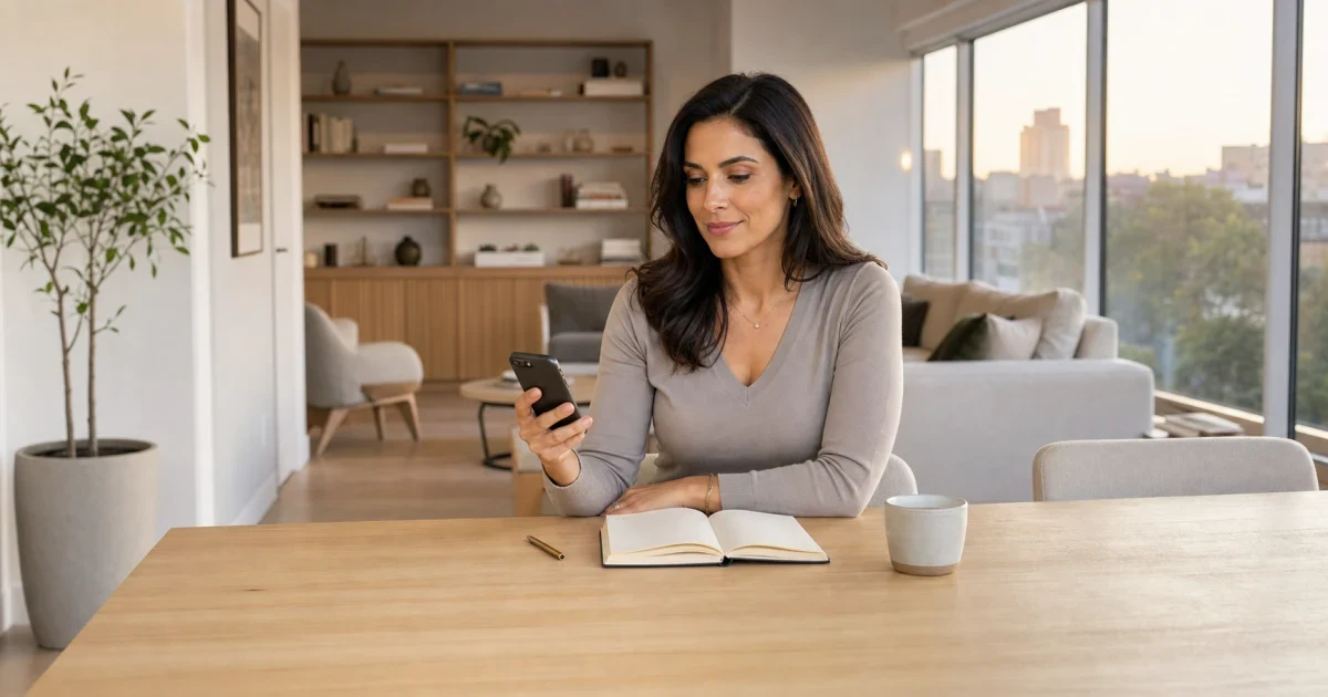 Inquilina em casa lendo no celular a mensagem do proprietário