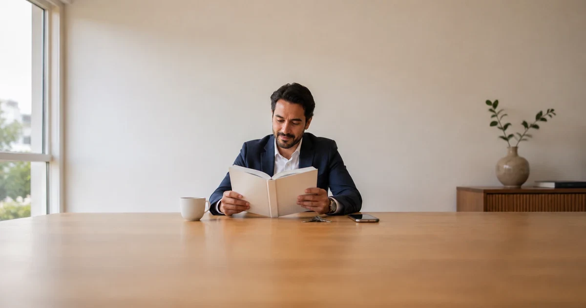 Proprietário lendo com calma o contrato de refinanciamento antes de assinar